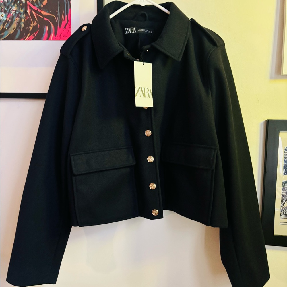 ZARA Women's Dark Blue/Black Cropped Military Jacket